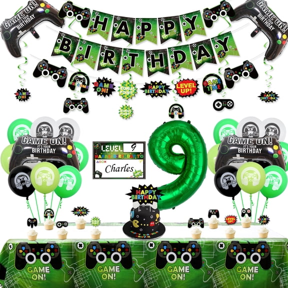 Hegbolke Video Game 9th Birthday Party Decorations Kit with HAPPY BIRTHDAY Banner, Paper Green