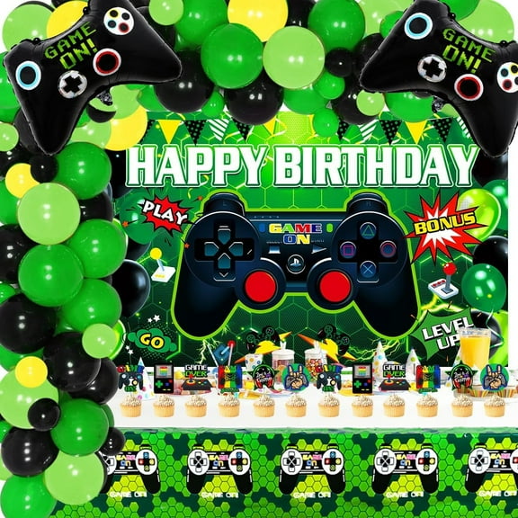 Video Game Party Decorations Set, Gamer Birthday Party Decor with Birthday Backdrop, Table Covers, Cake Topper, Gaming Balloons, Level Up Game on Birthday Party