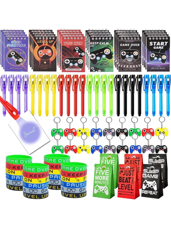 Video Game Party Favor Set, 120-Piece Gaming Theme Goodie Bag Fillers With Invisible Ink Pens, Controller Keychains, Kids Classroom Prizes, Boys