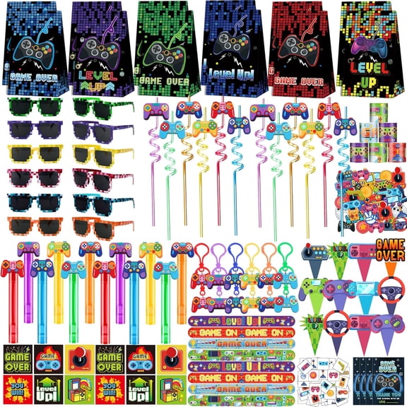 Video Game Party Favor Set, 320PCS Kids Goodie Bags With Glasses, Straws, Bubble Wands, Stickers, Cake Toppers, Tattoos For Theme Parties And Pinata Fillers