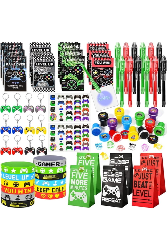 Video Game Party Favor Set, Invisible Ink Pen, Notebook, Gift Bag, Stamp, Bracelet, Keychain, Stickers, Pinata Fillers, For Kids And Teens, Game On Theme