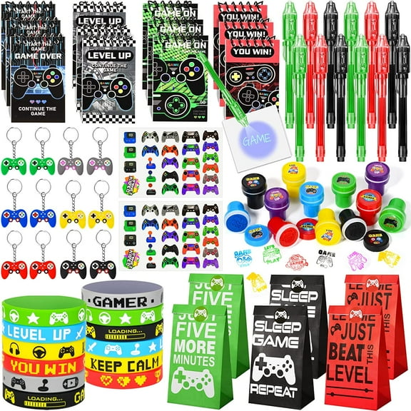 Video Game Party Favor Set, Invisible Ink Pen, Notebook, Gift Bag, Stamp, Bracelet, Keychain, Stickers, Pinata Fillers, For Kids And Teens, Game On Theme