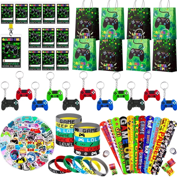 Video Game Party Favors for Kids, 110pcs Game Party Favors Set Including Video Game Wristband Slap Bracelets Keychain Vip Pass Ticket & Game Goodie Bags