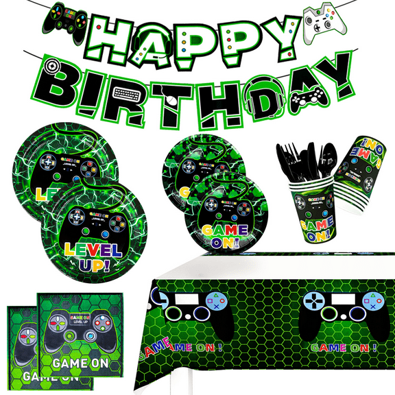 Video Game Party Supplies,128pcs Video Game Party Tableware Set-Video Game Plates Cups Tablecloth Banner etc Gaming Birthday Party Supplies for Kids