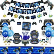 Video Game Party Supplies, Gaming Themed Birthday Party Decor for Boys and Gamer - Including Plates, Cups, Napkins, Tableware, Tablecloth, Cake Toppers, Hanging Swirls, Banners and Balloons Serves 20