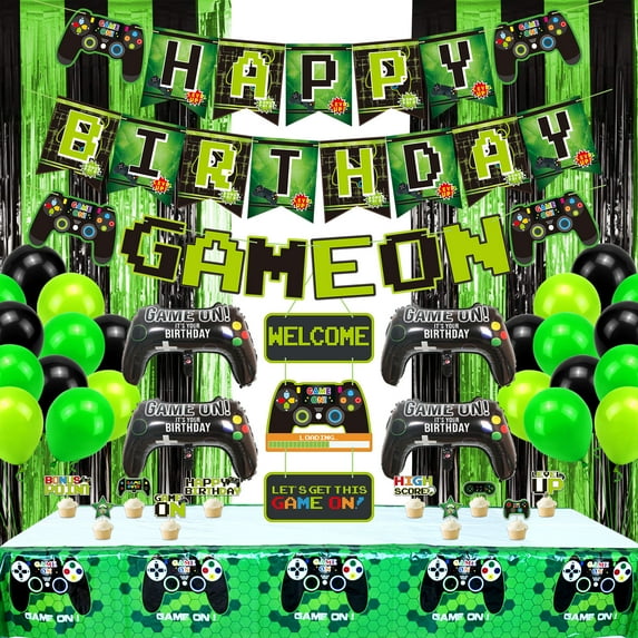 Video Game Party Supplies - Happy Birthday Gaming Banner, Game Themed Welcome Hanging Decor, Foil Curtains, Tablecloths, Cake Toppers and Balloons for Kids Boys Birthday Party Decorations