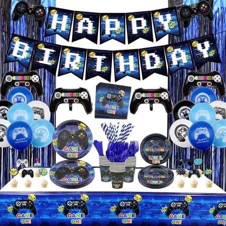 Video Game Party Supplies Set Birthday Decoration for Boys - Including HAPPY BIRTHDAY Gamer Banner, Controller Balloons, Fringe Curtains, Plates, Cups, Napkins, Tableware, Tablecloth, Balloons - Serve