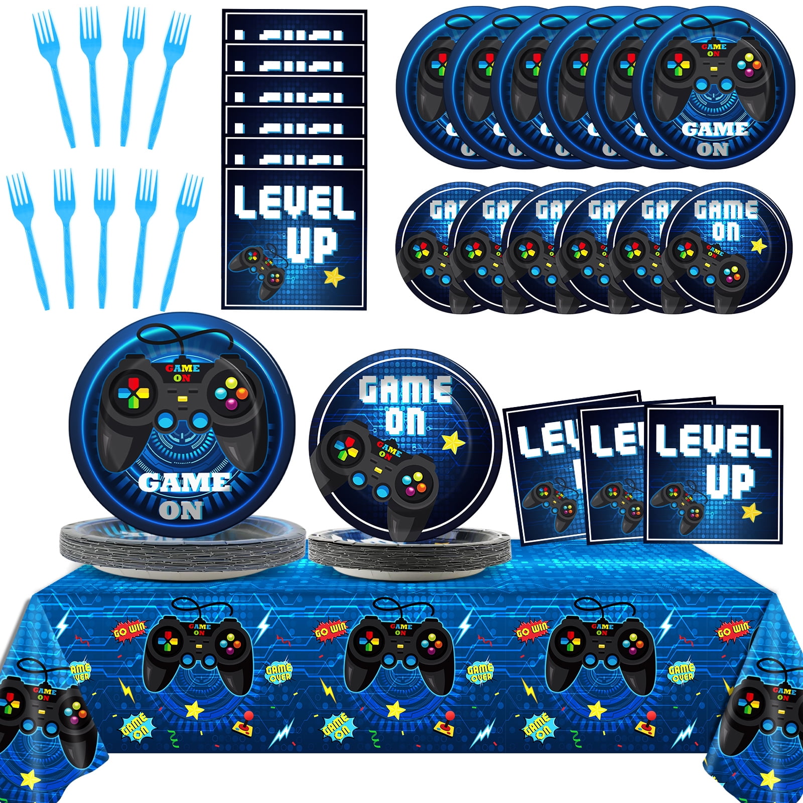 Video Game Party Supplies Tableware Set for 24 Guests Gaming Party Birthday Plates Blue Gamer