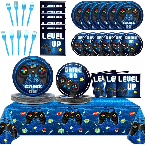 Video Game Party Supplies Tableware Set for 24 Guests Gaming Party Birthday Plates Blue Gamer Party Decorations Includes Plates, Napkins, Tablecloths