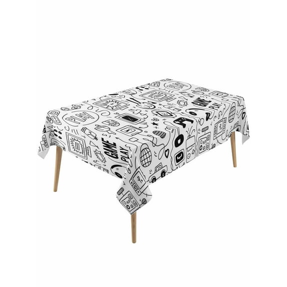Video Game Rectangle Tablecloth, Black White Game Controller Monochrome Waterproof & StainResistant Tablecloth, Washable Oil-proof Table Cover for Dining/Party/Wedding/Camping/Buffet 60x120 In