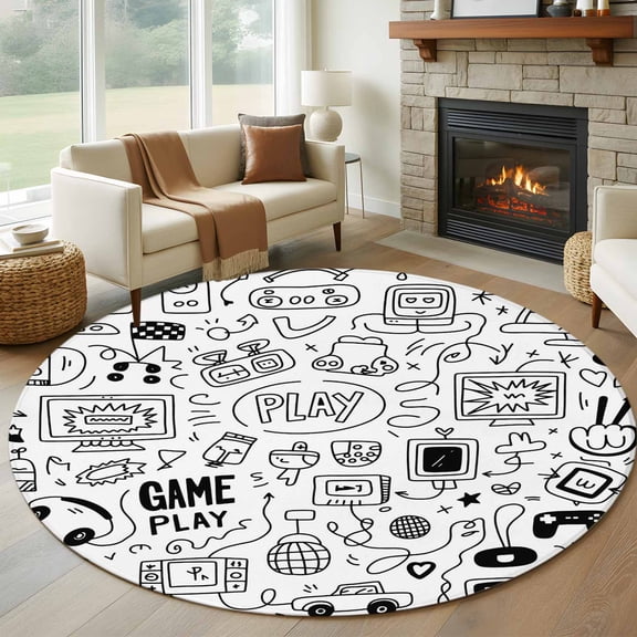 Video Game Round Area Rug 6 FT, Non Slip Bedroom Area Rug, Black White Game Controller Monochrome Washable Soft Circular Carpet Non-Shedding Floor Mat for Kitchen Dining Room Home Office Kids Room