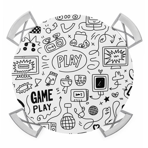 Video Game Round Tablecloth for 45-54 Inch Tables, Fitted Table Cover with Elastic Edge, Black White Game Controller Monochrome Waterproof Outdoor Table Cloth Protector for Patio Garden Dinner Picnic