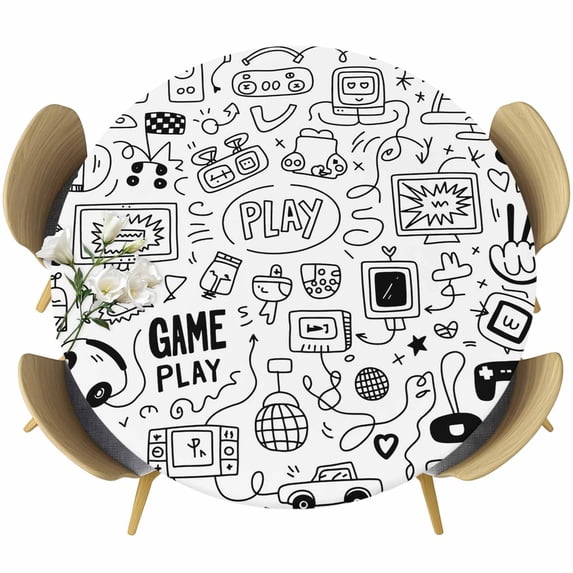 Video Game Round Tablecloth, Fitted Table Cover with Elastic for 45"-54" Round Tables, Black White Game Controller Monochrome Table Cloth Outdoor Indoor Dinning Party Waterproof Tablecloths