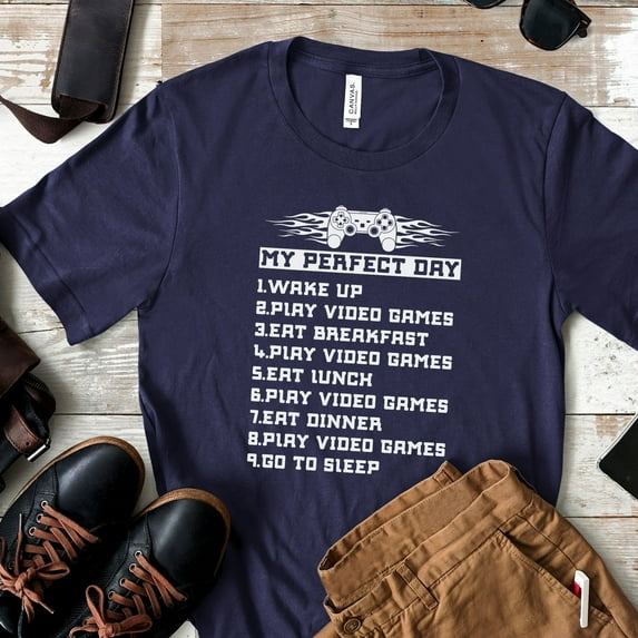 Video Game Shirt, Unisex Shirt, Gamer Gifts For Him or Her, Funny Gaming Shirt, Funny Gamer Gifts, My Perfect Day Gamer Shirt (Colors:Navy; Sizes:XL;)