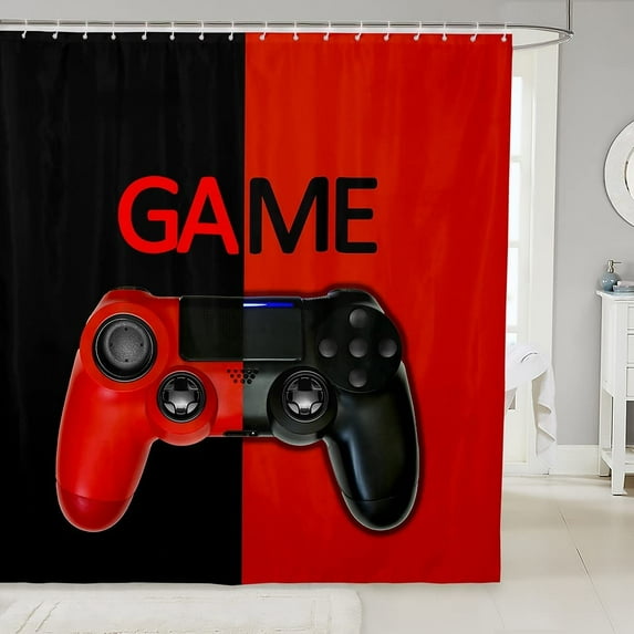 Video Game Shower Curtain Kids Boys Gaming Bath Curtain with 12 Hooks Modern Gamer Bathroom Decor Teens Gamepad Shower Curtain Set for Stalls Bathtubs 72" Wx72 L Waterproof Red Black