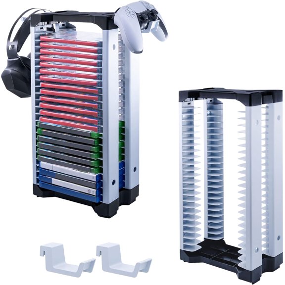 Video Game Storage Stand Tower for PS5/PS4/NS Switch/Switch2/Xbox, Video Game Disk Storage & Controller Headset Holder Kit, Game Disc Holder Vertical Stand Organizer Tower