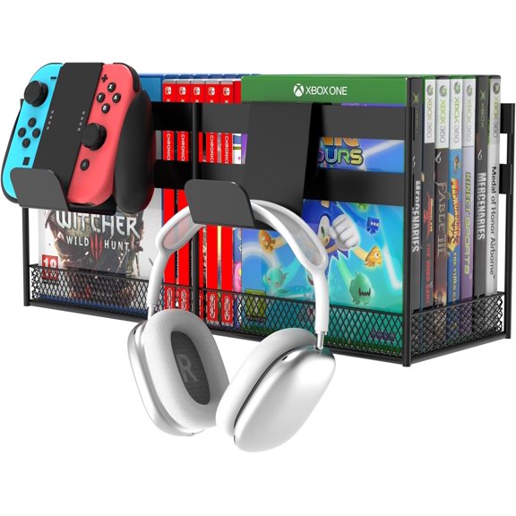 Video Game Storage Tower, Gaming Holder Shelf, PS5 Organizer Wall Mount with Controller Hook for /PS4/PS3/Xbox Series/CD/DVD, Holds 32 Nintendo Switch