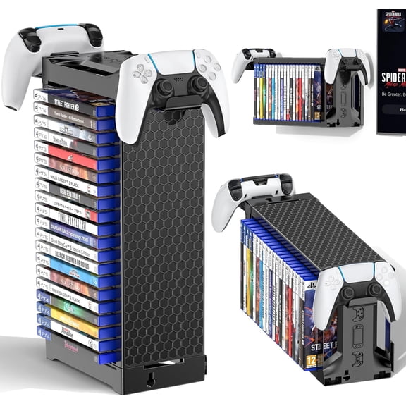 Video Game Storage Tower Holder with Controller Stand, Wall Mount Game Organizers and Storage for Nintendo Switch 2/ PS5/4/ XboxOne/Series, Vertical & Horizontal Stand for 20 Gaming Discs Accessories