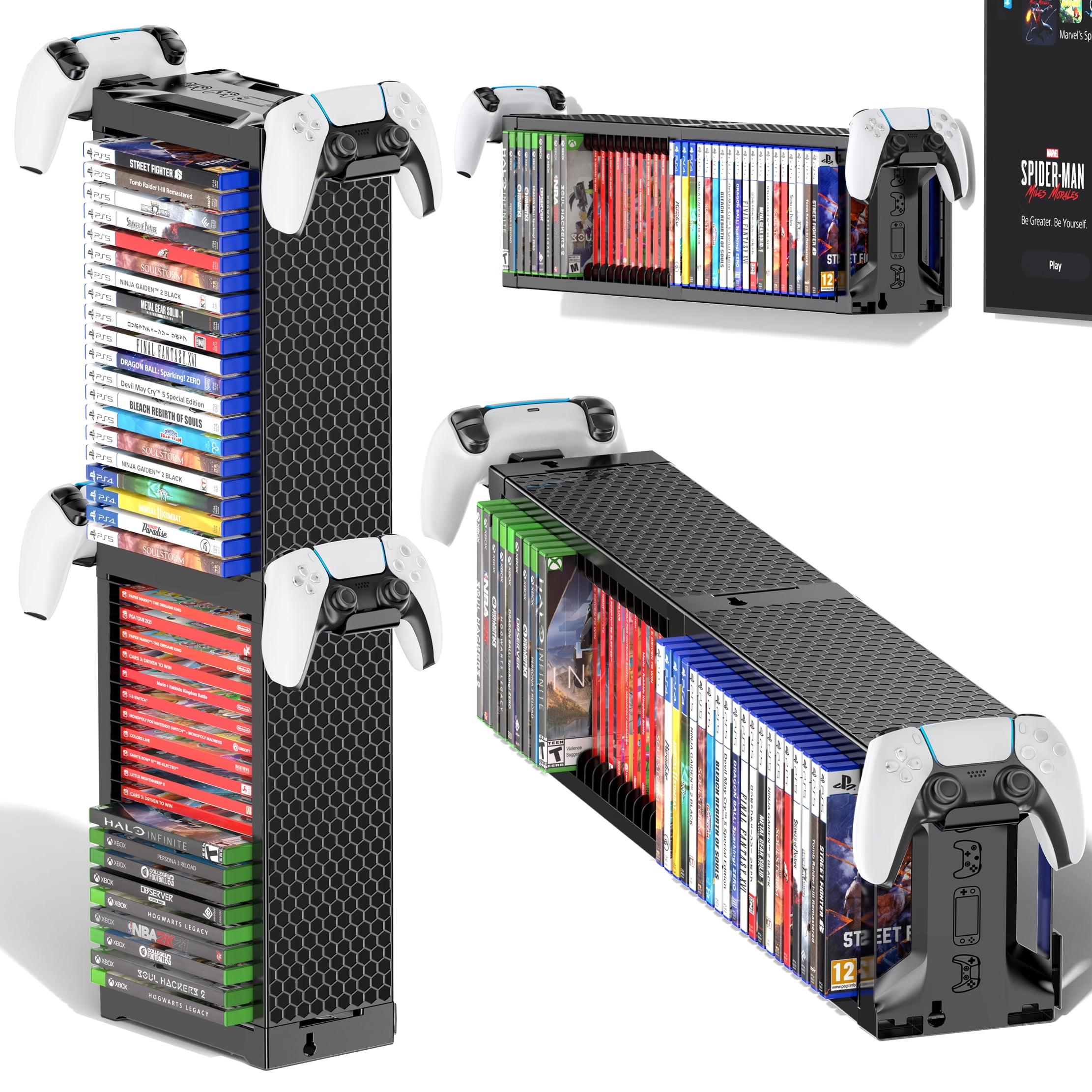 Video Game Storage Tower Holder with Controller Stand, Wall Mount Game Organizers and Storage for Switch 2/ PS5/4/ Xbox One/Series, Vertical & Horizontal Stand for 40 Gaming Discs Accessories