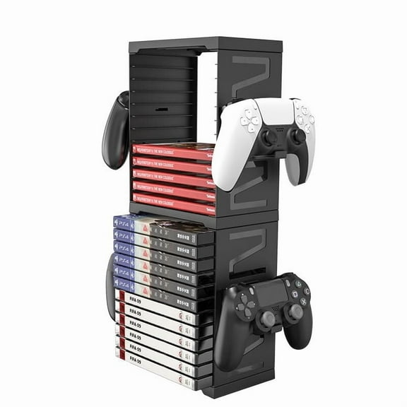 Video Game Storage Tower for PS5 PS4 Xbox Nintendo Switch Games, Universal Video Games Discs Organizers 24 PCS with Controllers Holder, Game Disk Box Stand Rack Accessories