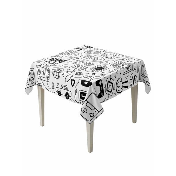 Video Game Table Cloth, Black White Game Controller Monochrome Waterproof Tablecloth for Square Tables, Reusable Washable Fabric Table Cover for Restaurant Kitchen Dining Tables 54"x54"