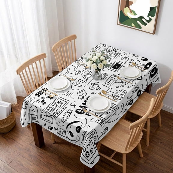 Video Game Table Cloth Waterproof Tablecloths, Black White Game Controller Monochrome Tablecloth Dining Table Cover for Kitchen Party Tabletop Outdoor, Rectangle Tablecloth 52x70 Inch