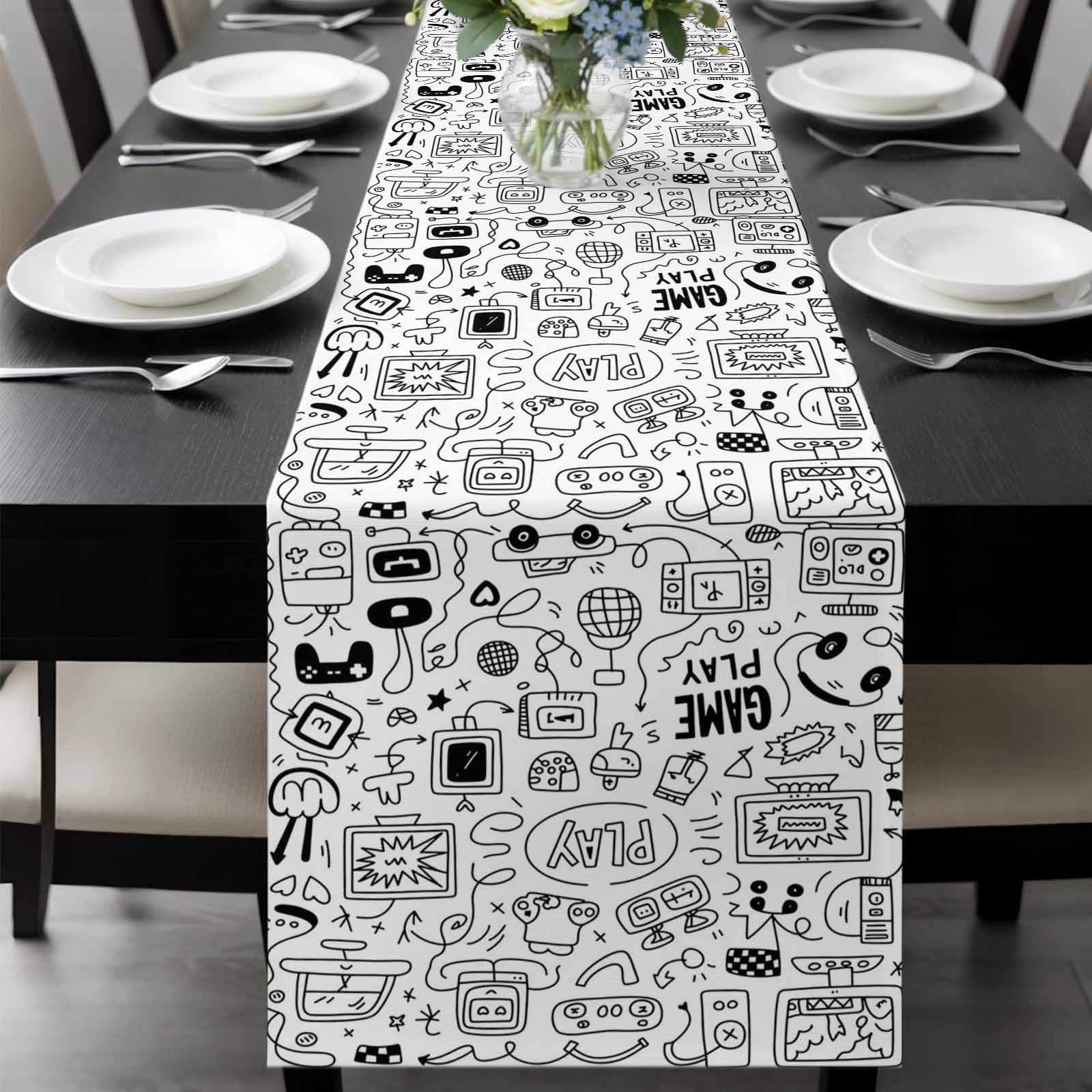 Video Game Table Runner 120 Inches Long, Black White Game Controller ...