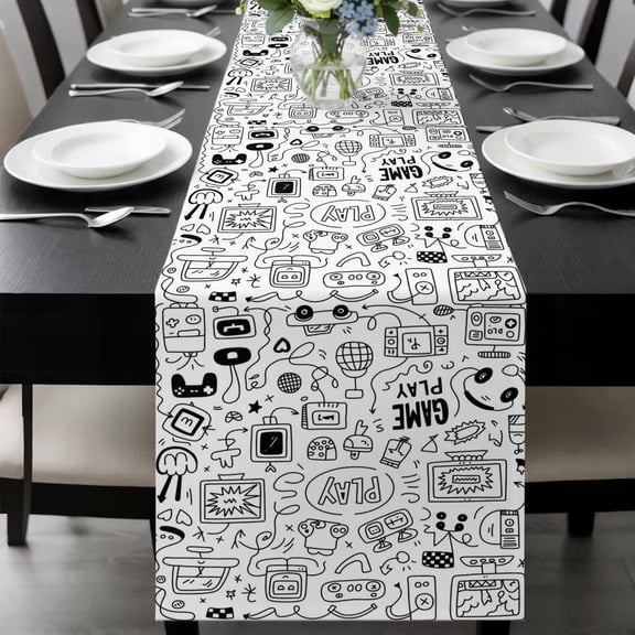 Video Game Table Runner 120 Inches Long, Black White Game Controller Monochrome Kitchen Coffee Dining Table Decoration for Home Party Birthday Wedding Home Decor 13x120 Inches