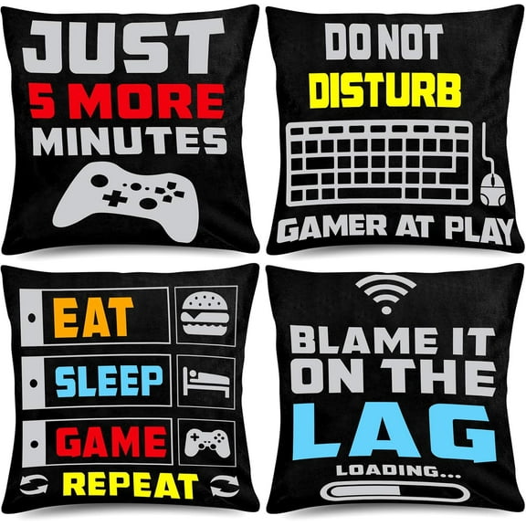 Video Game Throw Pillow 18 x 18 Inch Gamer Controller Pillow Cover Gaming Throw Cushion Cover 4 Pack Gamepad Logo Pillow Case Design for Home Office Car Sofa Couch Living Room