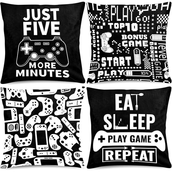 Video Game Throw Pillow 18 x 18 Inch Gamer Controller Pillow Cover White Black Gaming Throw Cushion Cover 4 Pack Gamepad Logo Pillow Case Design for Home Office Car Sofa Couch