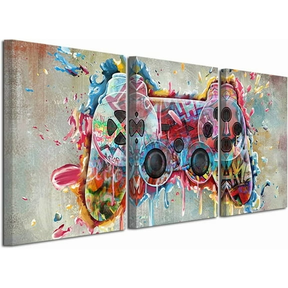 Video Game Wall Art Gamepad Street Graffiti Painting Gamer Wall Decor Picture Gaming Poster Framed Canvas Prints Ready to Hang (12"x16"x3 Panels)