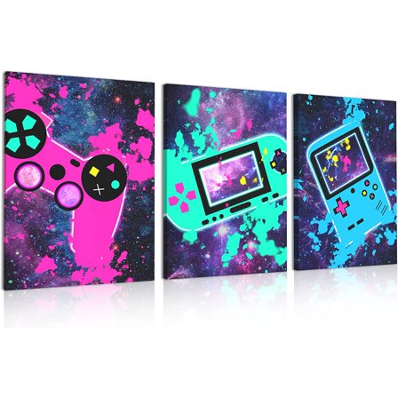 Video Game Wall Art Prints Set of 3, 12" X 16" Framed Gaming Decorations Canvas Print Colorful Gaming Themed Wall Decor Funny Game Poster Pictures for Boys Bedroom Playroom Living Room