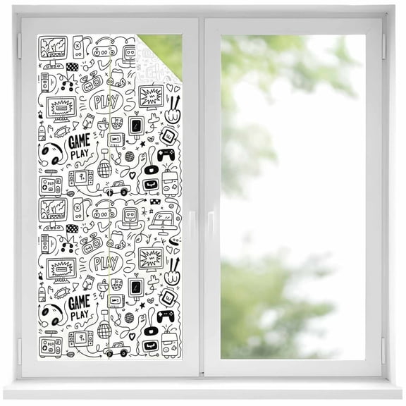 Video Game Window Privacy Film, Black White Game Controller Monochrome Static Cling UV Sun Blocking Heat Control Window Tint Day and Night, Non-Adhesive One Way Windows Privacy Cover 19.6''x39.3''
