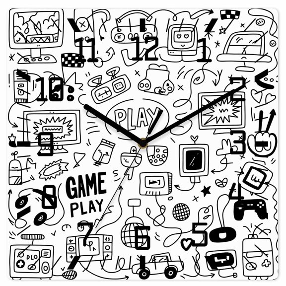 Video Game Wooden Wall Clock Silent Non Ticking, Black White Game Controller Monochrome Square Wall Clocks Battery Operated, Decor Clock for Home Office, Living Room, Kitchen, 12 Inch
