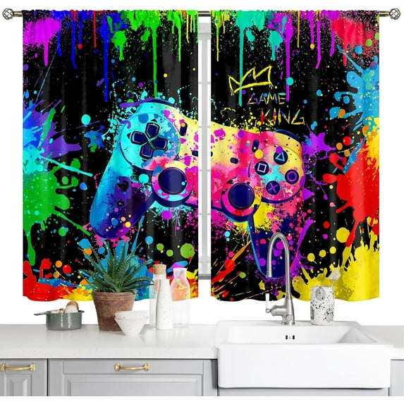 Video Gamer Blackout Curtains Gamer Curtains for Bedroom Graffiti Gamepad for Gamer Boys Kids Teen Colorful Splashed Ink Cute Game Controller Playroom Living Room Bedroom Window Drapes 1 Pair 26"x36"