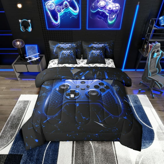 Video Games 7Pcs Comforter Set Full Size,Gamepad Bedding Set,Teens Men Bedroom Decor,Geometric Honeycomb Fitted Flat Sheet Modern Gamer Blue Black 2 Throw Pillow,2 Pillowcases