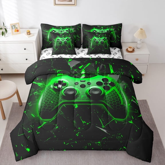 Video Games 7Pcs Comforter Set Twin Size,Gamepad Bedding Set,Teens Game Room Decor,3D Geometric Honeycomb Fitted Flat Sheet Modern Gamer Green Black 2 Throw Pillow,2 Pillowcases