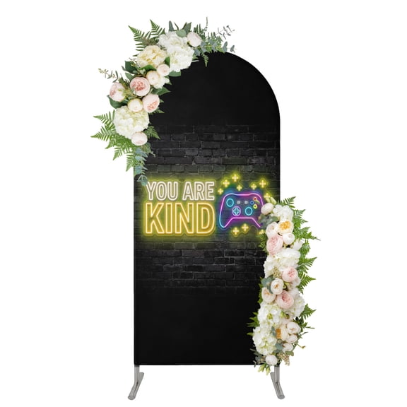 Video Games Arch Backdrop Cover 5FT, Modern Game Zone Geometric Graffiti Brick Spandex Fitted Stretchy Arch Stand Covers, Round Top Chiara Backdrop Cover for Wedding Party Birthday Baby Shower