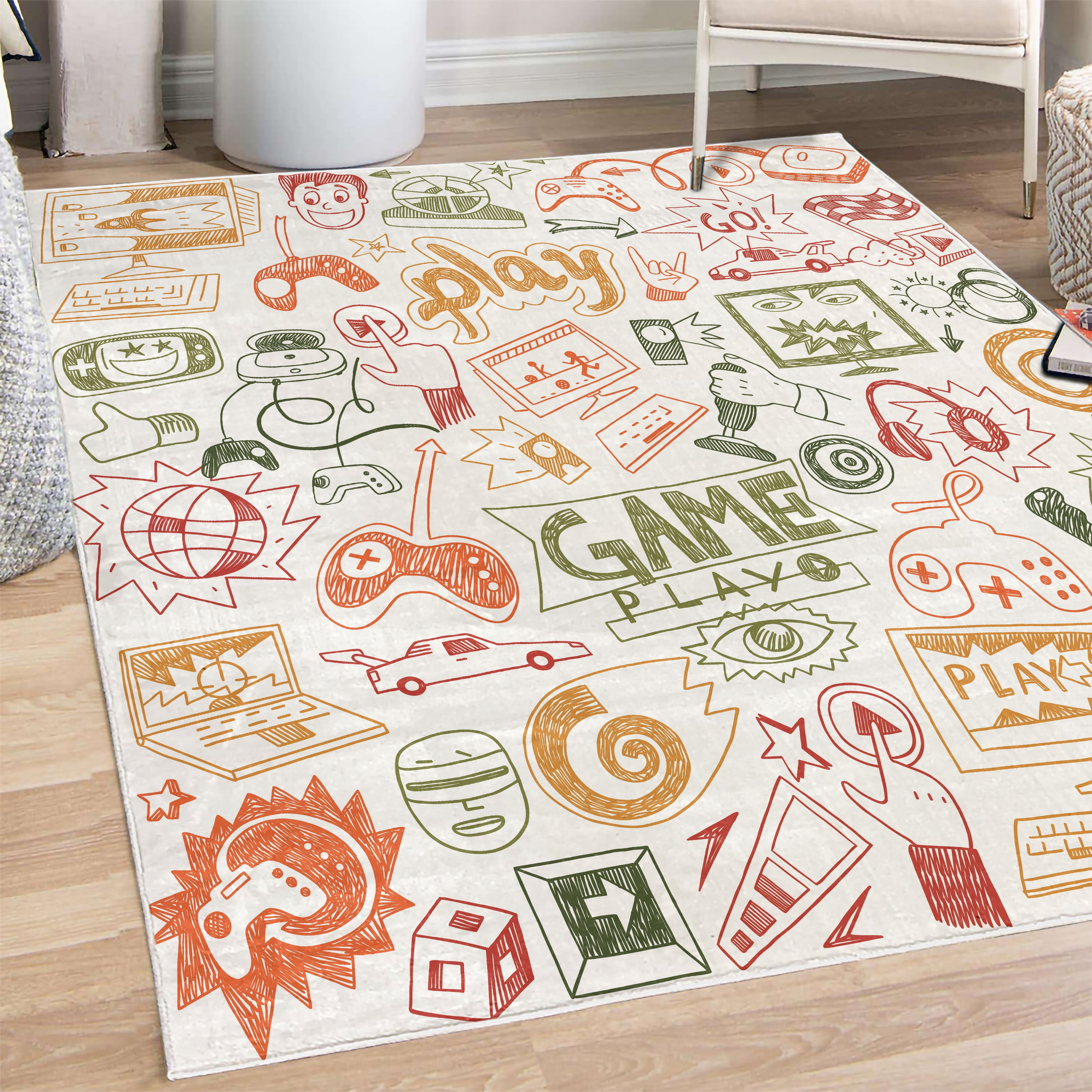 Video Games Decorative Rug, Monochrome Sketch Gaming Design Racing ...