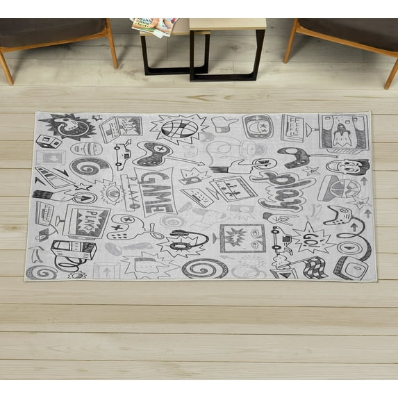 Video Games Decorative Rug, Monochrome Sketch Gaming Design Racing Monitor Device Gadget Teen 90's, Quality Carpet for Bedroom Dorm and Living Room, 6 Sizes, Pale Grey, by Ambesonne