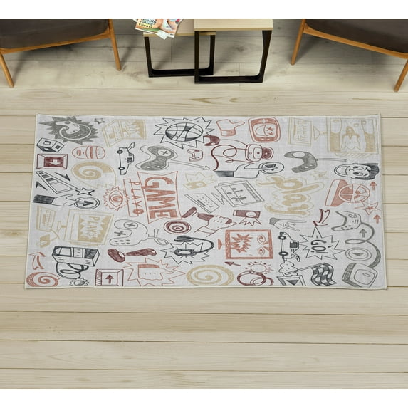 Video Games Decorative Rug, Monochrome Sketch Gaming Design Racing Monitor Device Gadget Teen 90's, Quality Carpet for Bedroom Dorm and Living Room, 6 Sizes, Sand Brown, by Ambesonne