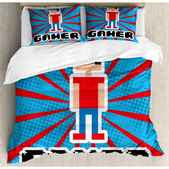 Video Games Duvet Cover Set, Red Striped Boom Beams Retro 90's Boy Cap Geometric Arrangement, Decorative 3 Piece Bedding Set with 2 Pillow Shams, Queen Size, Vermilion White, by Ambesonne