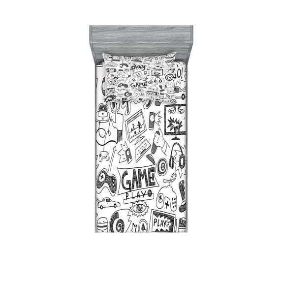 Video Games Fitted Sheet & Pillow Sham Set, Monochrome Sketch Style Gaming Design Racing Monitor Device Gadget Teen 90's, Decorative 4 Piece Bedding Decor Set, Twinxl, Black White, by Ambesonne