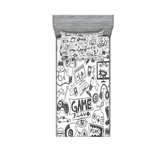 Video Games Fitted Sheet & Pillow Sham Set, Monochrome Sketch Style Gaming Design Racing Monitor Device Gadget Teen 90's, Decorative Printed 4 Piece Bedding Decor Set, Twin, Black White, by Ambesonne