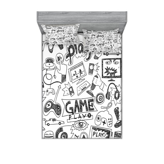 Video Games Fitted Sheet & Pillow Sham Set, Monochrome Sketch Style Gaming Design Racing Monitor Device Gadget Teen 90's, Decorative Printed 6 Piece Bedding Decor Set, Queen, Black White, by Ambesonne