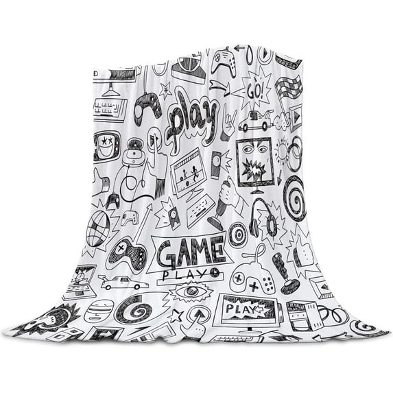 Video Games Flannel Blanket Monochrome Sketch Gaming Racing Monitor Teen 90''s Soft Lightweight Microfiber Throw Blanket 60x80 Bed Blanket for Kids Teen Boys Mens Womens Game Lovers All Season Use