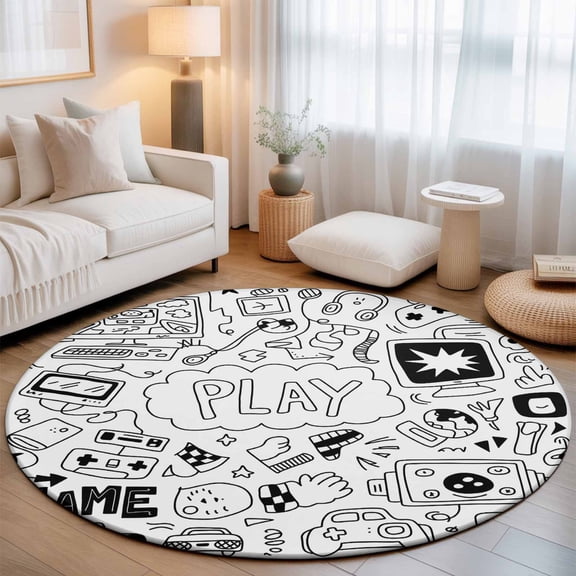 Video Games Gaming Vintage Round Rug 5ft Abstract Sketch Style Washable Area Rugs for Living Room Bedroom Entryway Non Slip Entrance Door Mat Indoor Floor Carpet