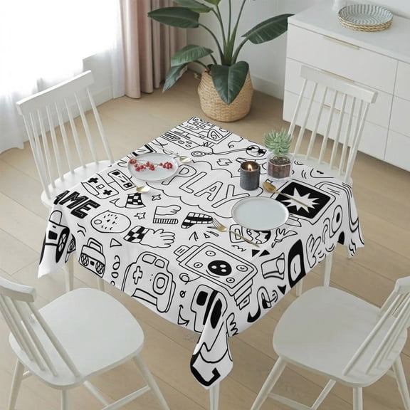Video Games Gaming Vintage Table Cloth 54x54in, Waterproof Square Tablecloth Wipeable Tablecloths Abstract Sketch Style Table Covers for Dining Tables Party Indoor Outdoor