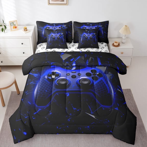 Video Games 7Pcs Comforter Set Twin Size,Gamepad Bedding Set,Teens Men Bedroom Decor,Geometric Honeycomb Fitted Flat Sheet Modern Gamer Blue Black 2 Throw Pillow,2 Pillowcases