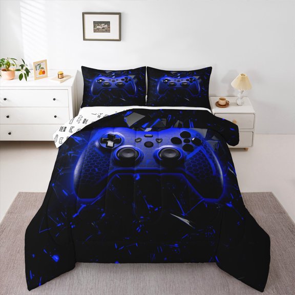Video Games Comforter Set Twin Size,Gamepad Bedding Set 2Pcs,Teens Men Bedroom Decor,Geometric Honeycomb Down Comforter Modern Gamer Blue Black Duvet Insert,1 Pillowcase